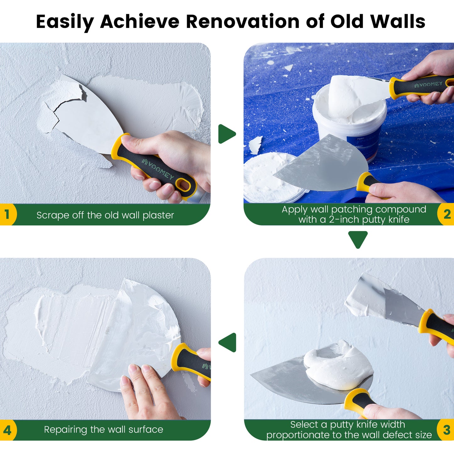 VOOMEY 3-Pack Wall Repair Kit | Metal Putty Scraper Set