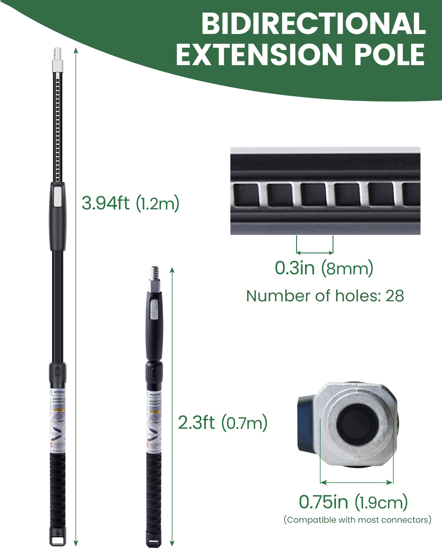 VOOMEY 2.3-4 ft  Dual Extending 28 Point Adjustable Extension Pole