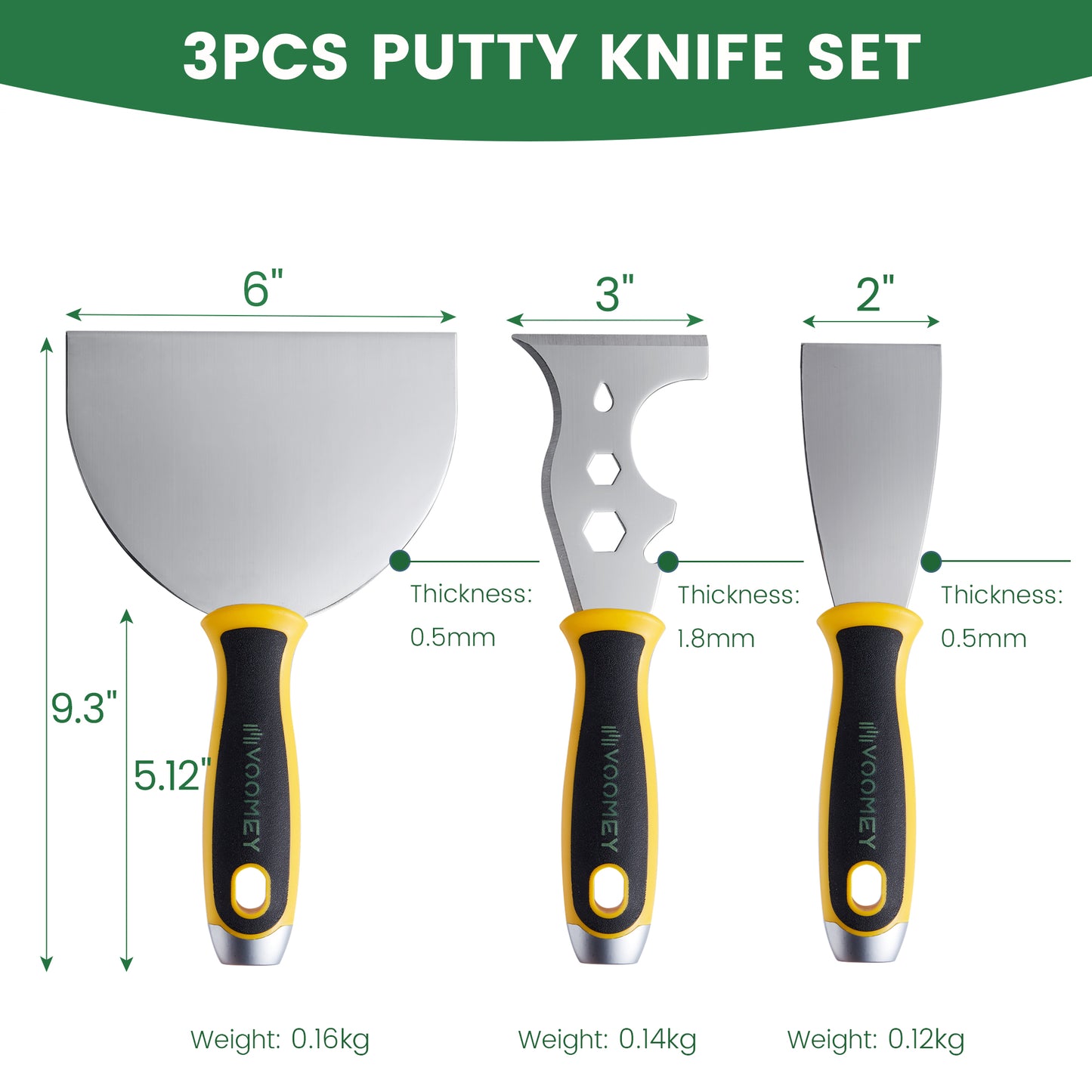 VOOMEY 3-Pack Wall Repair Kit | Metal Putty Scraper Set